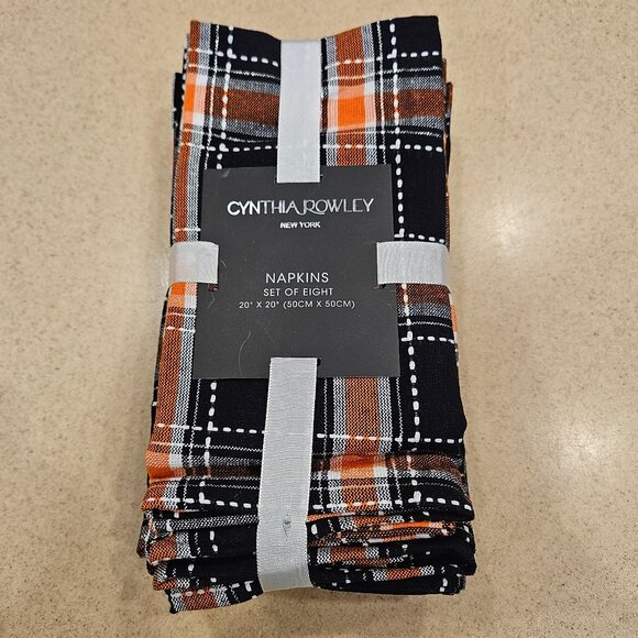 RARE 8 CYNTHIA ROWLEY ORANGE BLACK PLAID HALLOWEEN FALL COTTON DINNER NAPKINS - Picture 1 of 9